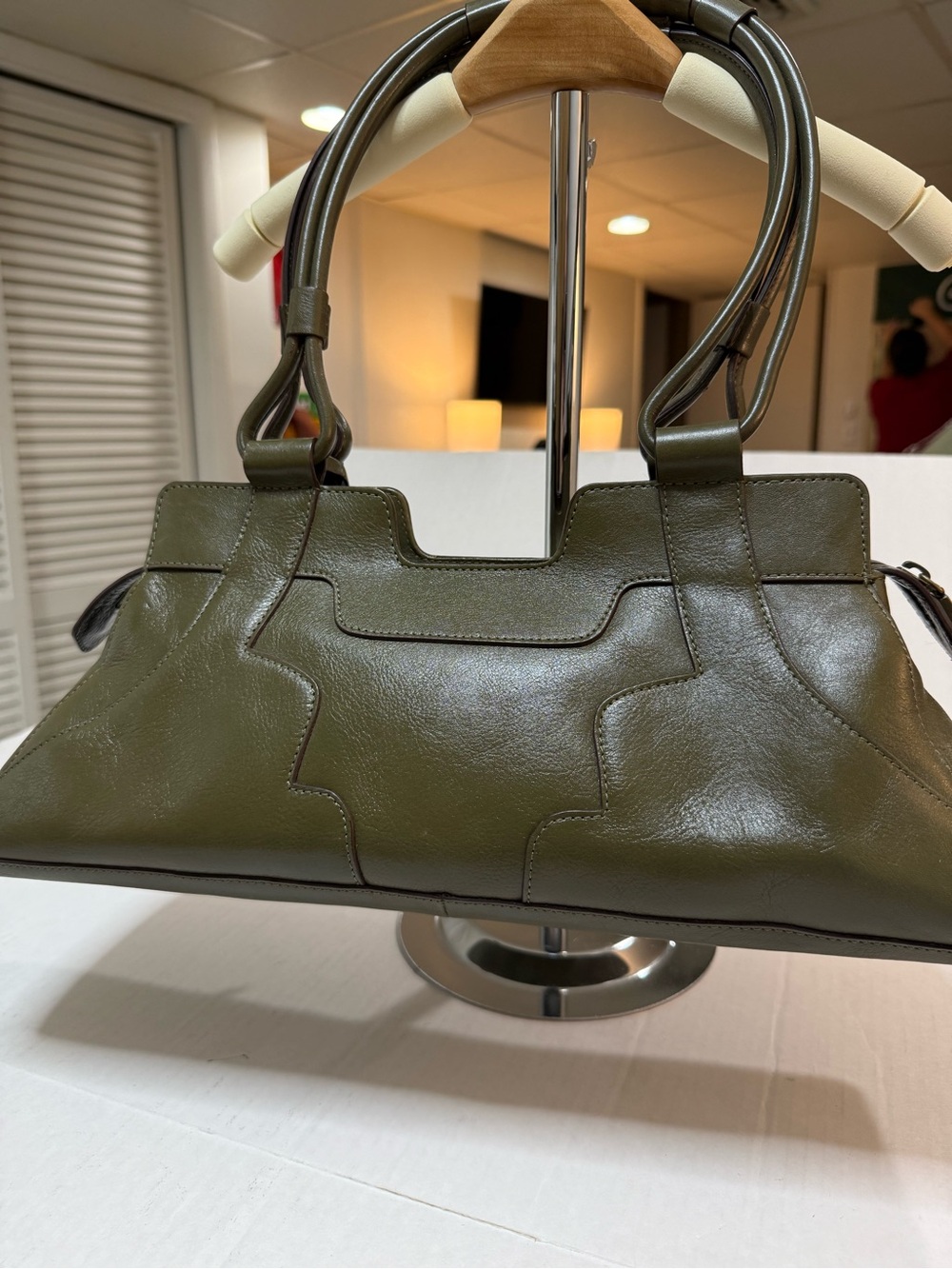 Vintage Hobo International Olive Green Leather Bag Structured Satchel Purse - Picture 6 of 16